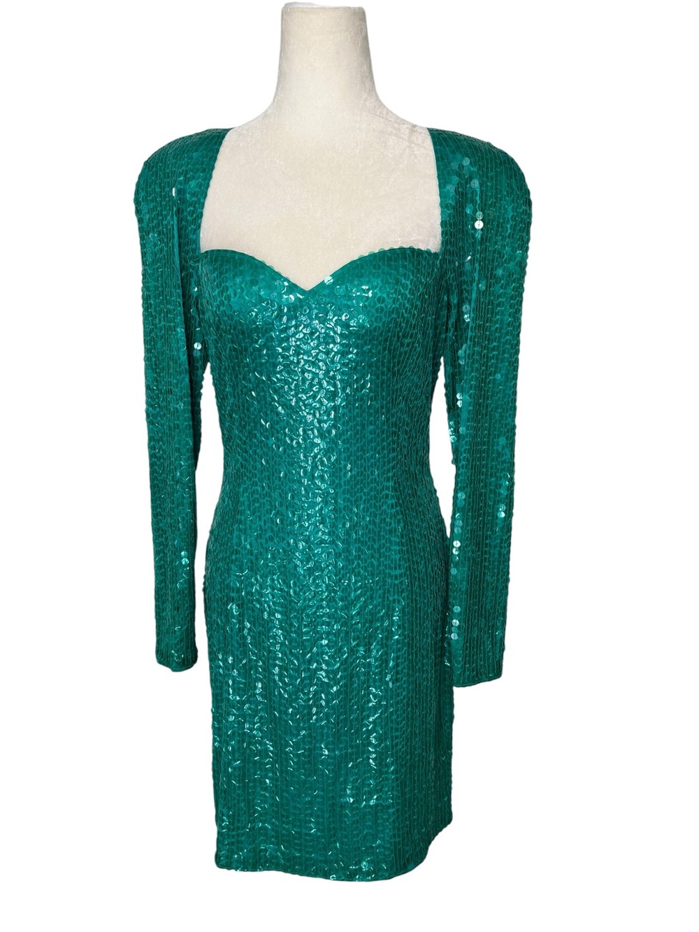 VTG 80s Nite Line Teal Green Sequin Sweetheart Mini Dress 00 0
